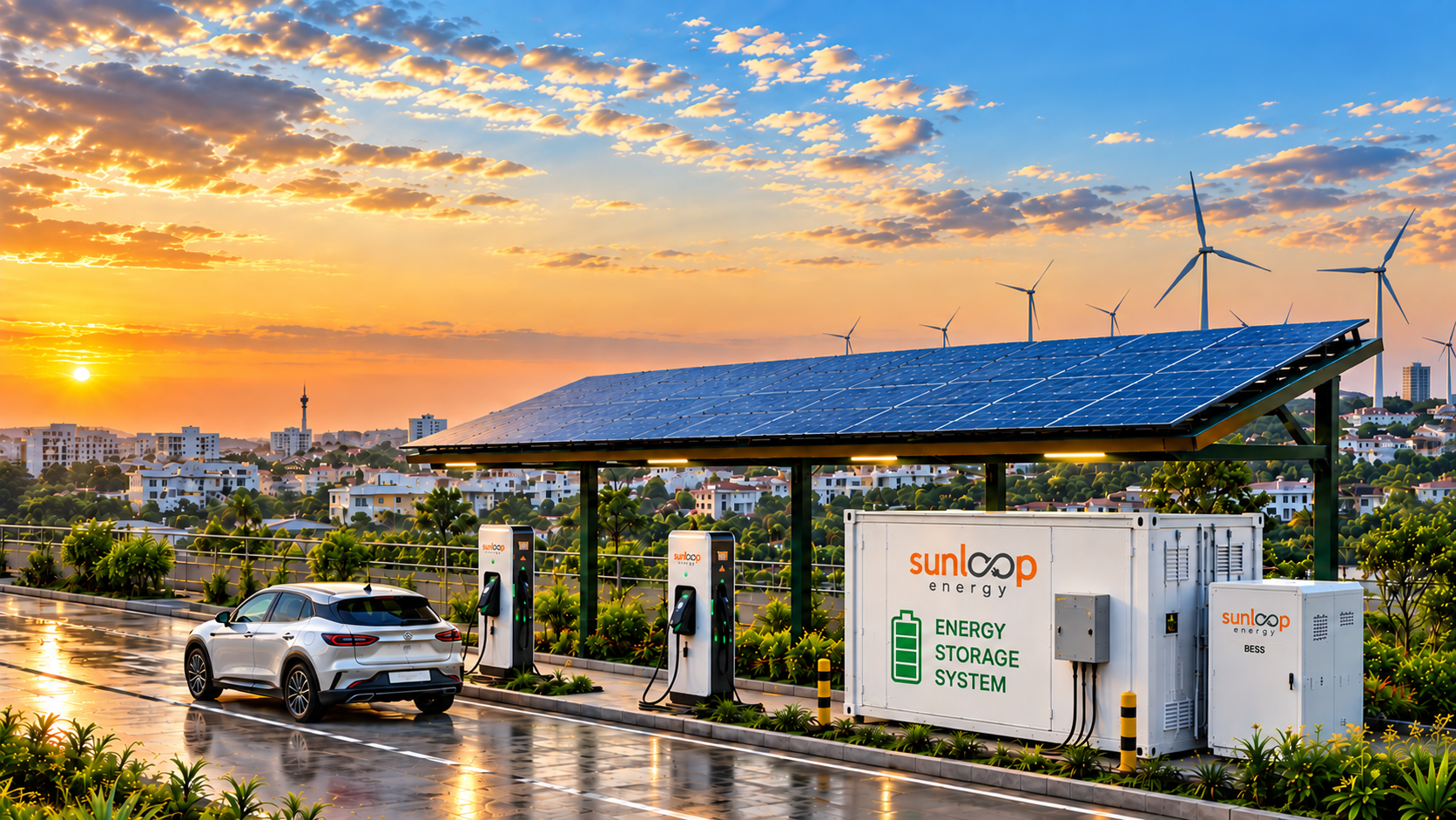 Solar PV arrays, ESS battery containers, and EV charging infrastructure powering sustainable energy